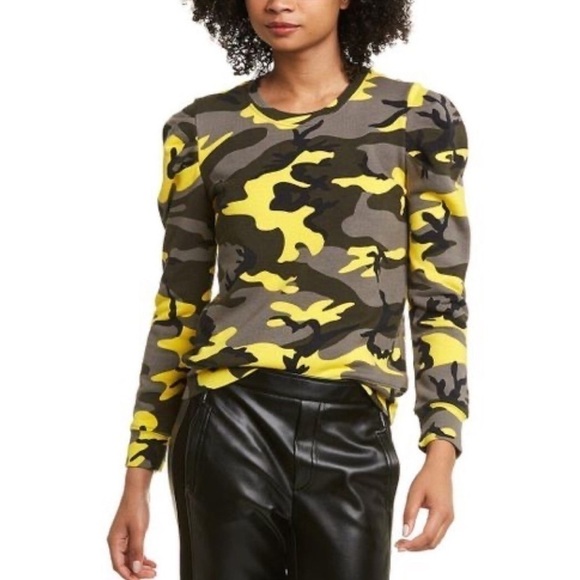 Pam & Gela Pop Camo Puff Sleeve Sweatshirt Grey Yellow Sz SP PETITE - Picture 1 of 9
